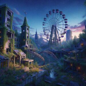 Abandoned theme park in Consonno ghost town with nature reclaiming it, under a twilight sky.