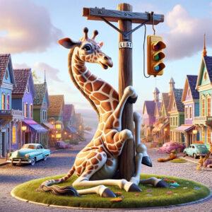 Whimsical giraffe wrapped around a telephone pole in a vibrant fantasy town, symbolizing Georgia's Giraffe Law.