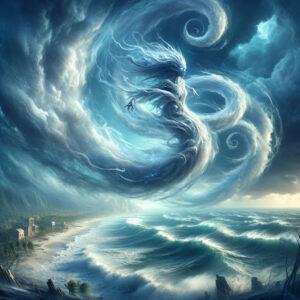Ancient Taino spirit in a hurricane, embodying the evil spirit of the wind against a stormy ocean backdrop.