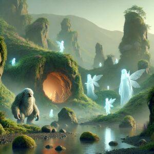 Mystical Icelandic landscape with hidden elves and trolls in 3D render.