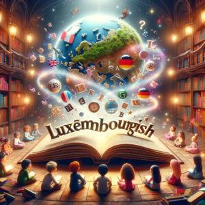 Multilingual education scene with children learning around a magical book in a fantasy library