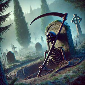 A 3D render of an ancient grave in Poland with a sickle around the neck of a skeleton in a fantasy-style setting.