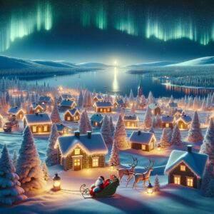 Magical 3D render of Rovaniemi as Santa Claus's official home with northern lights.