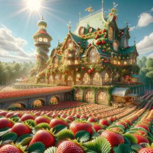 A whimsical 3D render of Belgium's Strawberry Museum in a magical strawberry field setting.