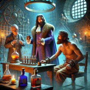 Sweden's King Gustav III overseeing a coffee experiment with prisoners in a fantasy setting.