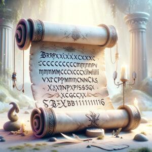 Ethereal 3D rendering of Swedish Naming Law with ancient scroll and mythical symbols.