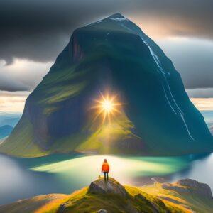 A scenic football field on top of a Norwegian mountain surrounded by lush forests and towering peaks.