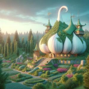 Enchanted 3D render of the Ukraine Garlic Museum in a fantasy landscape