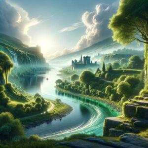 3D fantasy render of the River Shannon, Ireland's longest river, with green banks and ancient castles.