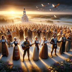 Illustration of the Singing Revolution in Latvia showing unity and music in a peaceful protest.