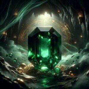 3D render of the World's Largest Emerald in Vienna, glowing in a dark fantasy cave setting with ethereal mist and hints of golden artifacts.