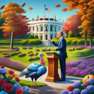 U.S. President during the Presidential Turkey Pardon ceremony, with a turkey in foreground.