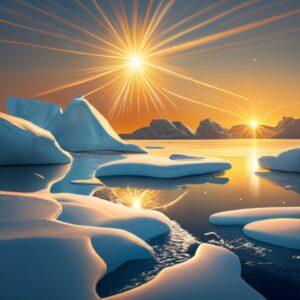 Endless Days and Nights - Sun lingering over icy Arctic landscapes with a horizon bathed in golden hues.
