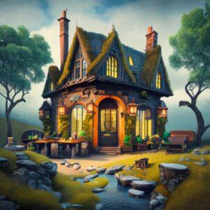 A vibrant portrayal of the Ancient Irish Pub, surrounded by Ireland's lush countryside.