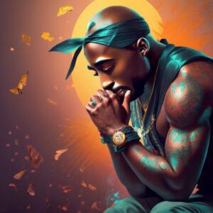 Tupac Shakur with a backdrop of the Billboard 200 chart, highlighting the Tupac Billboard 200 Achievement.