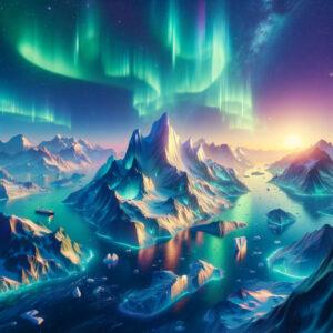 Enchanting 3D view of Greenland largest island with aurora borealis