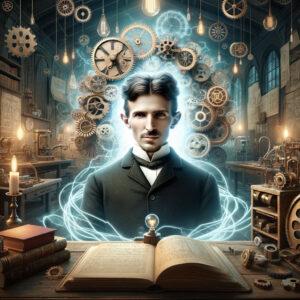 Nikola Tesla in a fantasy workshop with electrical aura and gears, symbolizing his early life and AC system innovations.
