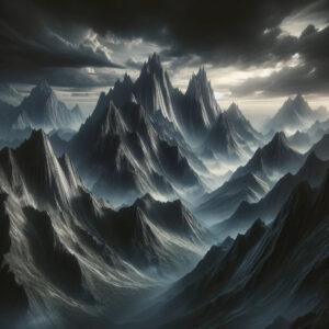 North Macedonia's mountain peaks in a mystical 3D render, showcasing their rugged beauty under a dramatic sky.