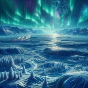Icy landscape of Svalbard under Northern Lights, showcasing permafrost law's impact.