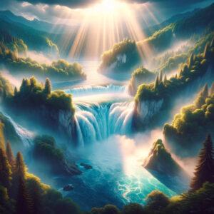 Enchanting 3D portrayal of Switzerland's Rhine Falls in a mystical fantasy setting