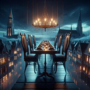 Unique dining table suspended in the sky, amidst a dark fantasy Belgian cityscape.
