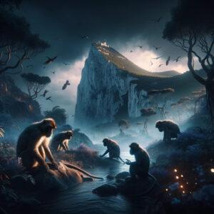 Wild monkeys in Gibraltar in a dark fantasy 3D setting.