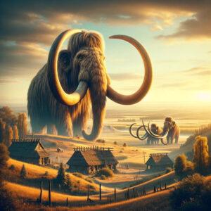 Ancient mammoth tusks in a mystical Ukrainian landscape, symbolizing historical and artistic heritage.