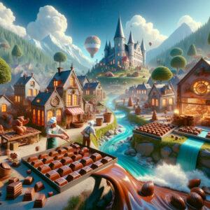 Whimsical Belgian chocolate factory in a fantasy setting, showcasing magical chocolate production.