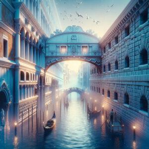 3D rendered fantasy image of the Bridge of Sighs Venice in mystical light