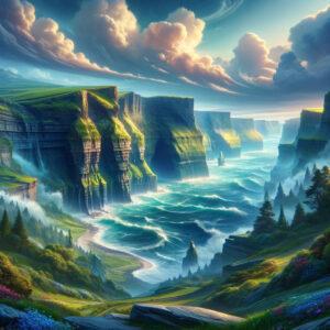 Enchanting 3D render of Cliffs of Moher Ireland in a fantasy setting with lush greenery and dramatic skies.