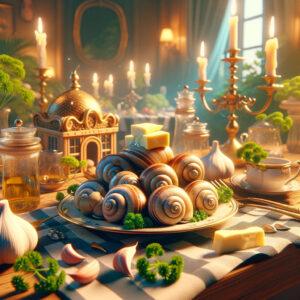 French snail consumption in a whimsical, 3D-rendered fantasy setting.