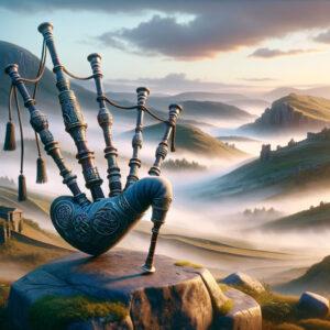 3D fantasy render of Galician bagpipes in a mystical Galician landscape.