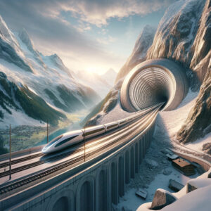 Majestic 3D render of Gotthard Base Tunnel with futuristic train in Swiss Alps