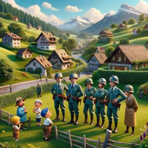 Swiss soldiers in a whimsical Liechtenstein village during the accidental invasion.