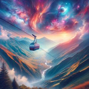 Aerial view of Tatev Aerial Tramway in a fantasy 3D render, highlighting its stunning engineering and scenic landscape.