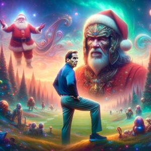 Nick Saban in a fantasy landscape with whimsical Santa Claus in the background.